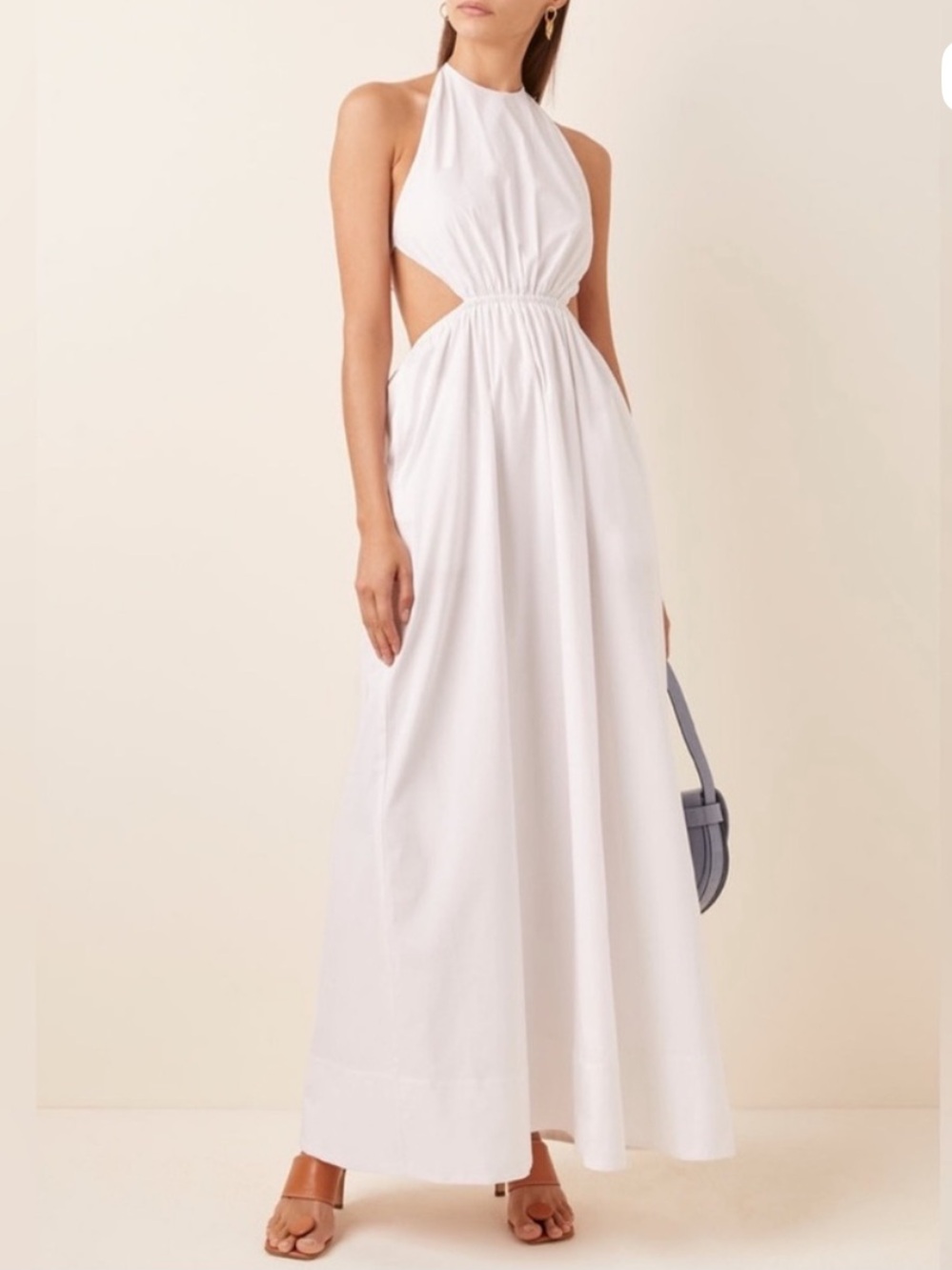 STAUD Apfel White Backless Halter Maxi Dress